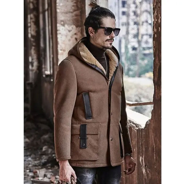 Chaqueta bomber de ante con capucha para hombre | Abrigo largo de borreguillo | Prendas de piel plena flor