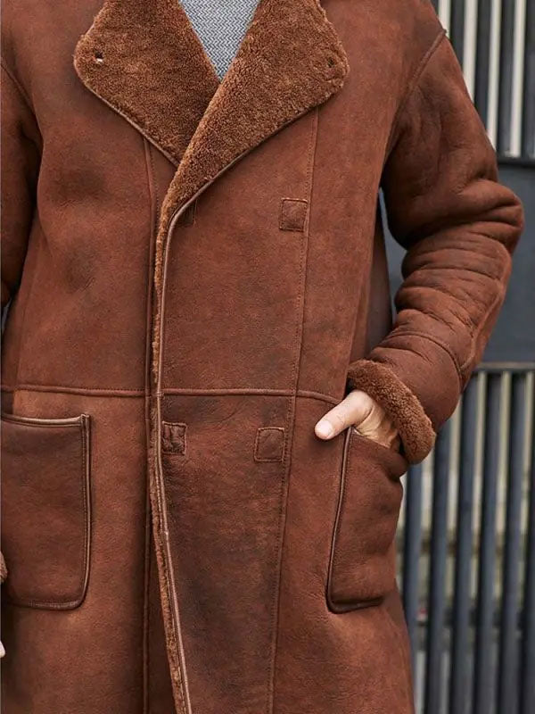 Men’s Brown Fur Leather Trench Coat | Long Winter Overcoat | Full Grain Apparel