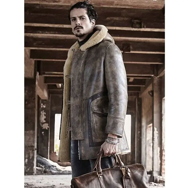 Chaqueta larga de cuero de piel de oveja para hombre | Abrigo con capucha y piel | Prenda de cuero plena flor
