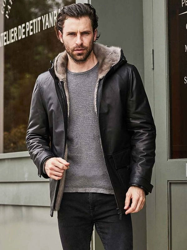 Abrigo largo de cuero negro con capucha para hombre | Ropa de abrigo de invierno forrada de piel | Prenda de cuero de plena flor