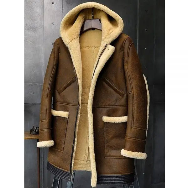 Abrigo de piel de oveja con capucha para hombre | Chaqueta larga de invierno con piel | Prenda de piel de plena flor