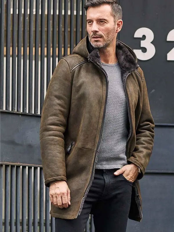 Men’s Long Leather Trench Coat | Removable Hooded Fur Outwear | Full Grain Apparel