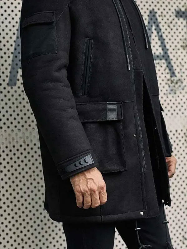 Abrigo largo de cuero de piel de oveja negra para hombre | Prenda de invierno con piel | Ropa de piel plena flor