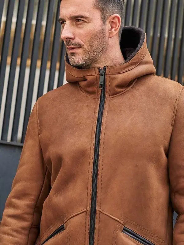 Men’s Brown Sheepskin Shearling Jacket | Hooded Winter Overcoat | Full Grain Apparel