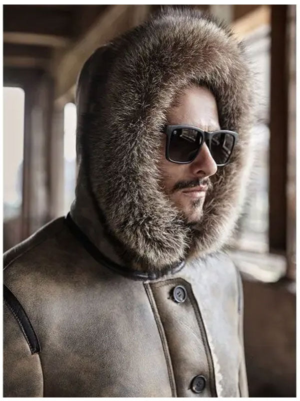 Men’s Hooded Shearling Collar Bomber | Leather Winter Jacket | Full Grain Apparel