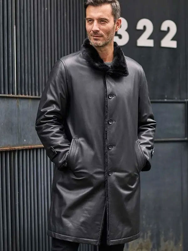 Parka de Piel y Pelo Negra para Hombre | Abrigo Largo | Ropa de P Piel Plena Flor
