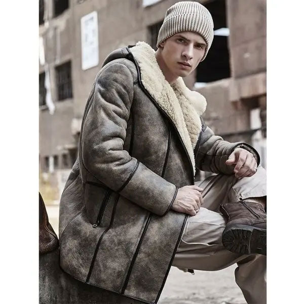 Chaqueta bómber con capucha de borreguillo para hombre | Abrigo largo de cuero tipo gabardina | Prendas de piel plena flor