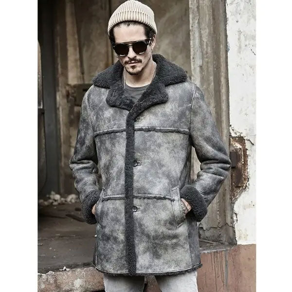 Chaqueta bomber de cuero de caza para hombre | Abrigo tipo trench de piel de oveja | Ropa de grano completo