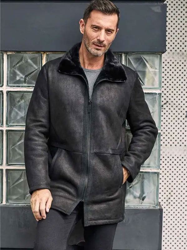 Men’s Black Shearling Fur Jacket | Mink Lapel Leather Overcoat | Full Grain Apparel