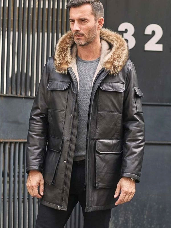 Men’s Mink Fur Long Coat | Black Leather Winter Overcoat | Full Grain Apparel