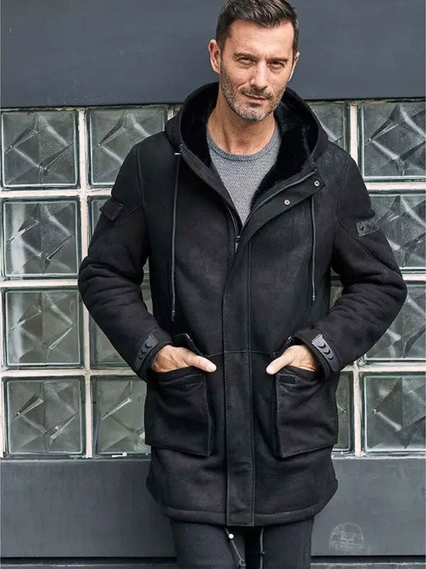 Abrigo largo de cuero de piel de oveja negra para hombre | Prenda de invierno con piel | Ropa de piel plena flor