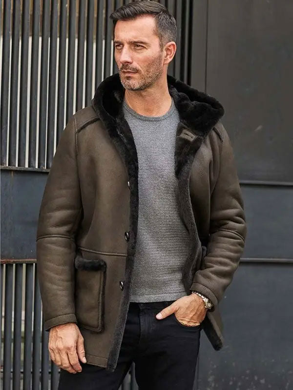 Men’s "Forest-Fortress" Parka | Emerald Green Premium Leather | Authentic Wool-Lined Overcoat with Shearling Hood | Full Grain Apparel