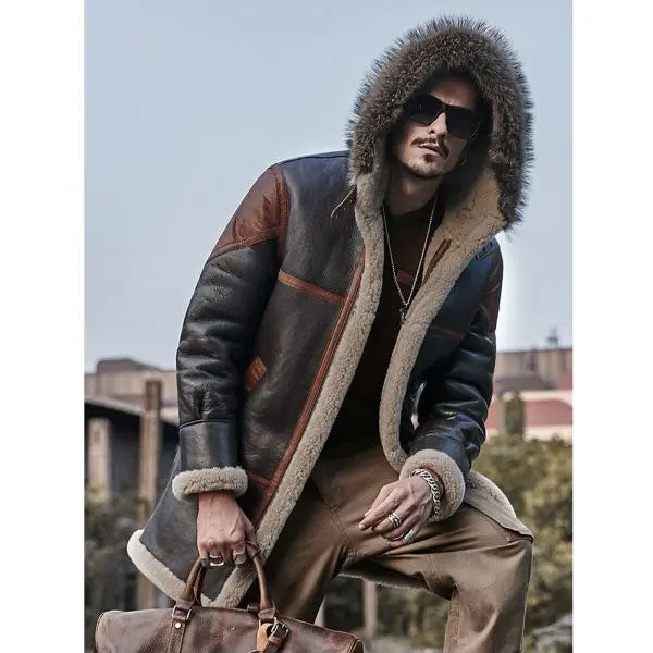 Men’s Hooded Bomber Shearling Jacket | Leather Trench Coat | Full Grain Apparel