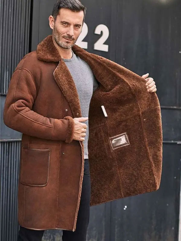 Men’s Brown Fur Leather Trench Coat | Long Winter Overcoat | Full Grain Apparel