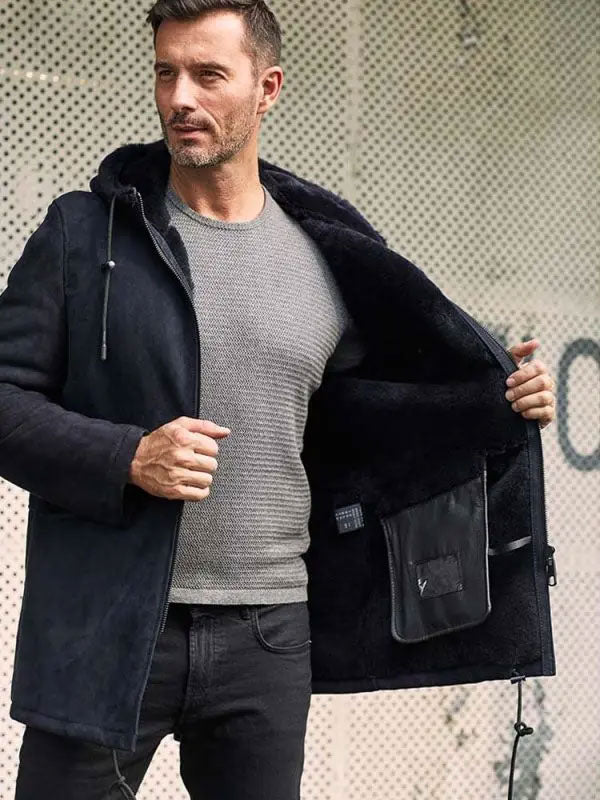 Men’s Long Sheepskin Leather Jacket | Hooded Wool Overcoat | Full Grain Apparel