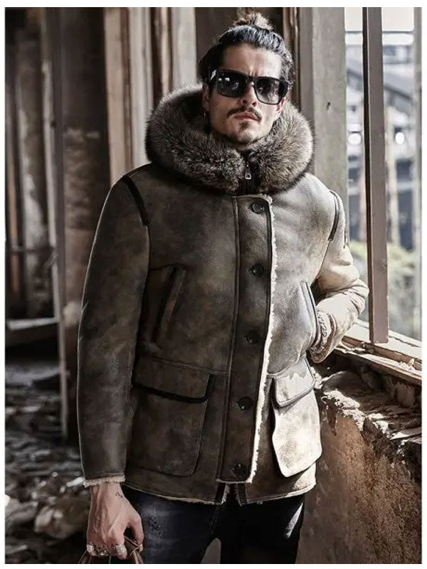 Men’s Hooded Shearling Collar Bomber | Leather Winter Jacket | Full Grain Apparel