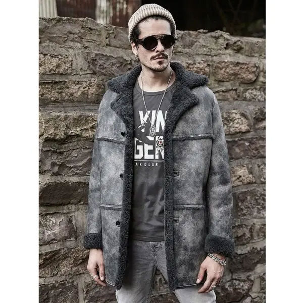 Chaqueta bomber de cuero de caza para hombre | Abrigo tipo trench de piel de oveja | Ropa de grano completo