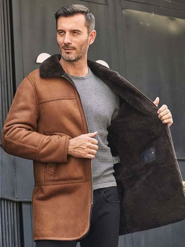 Chaqueta de piel de oveja natural para hombre | Abrigo de piel con capucha | Prenda de grano completo