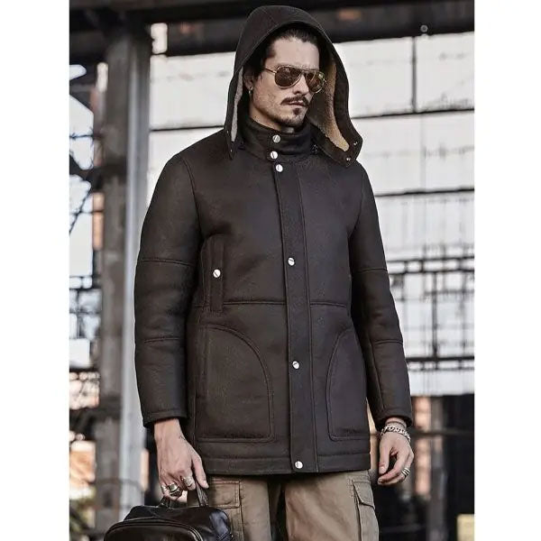 Men’s Hooded Shearling Trench Coat | Long Leather Outwear | Full Grain Apparel