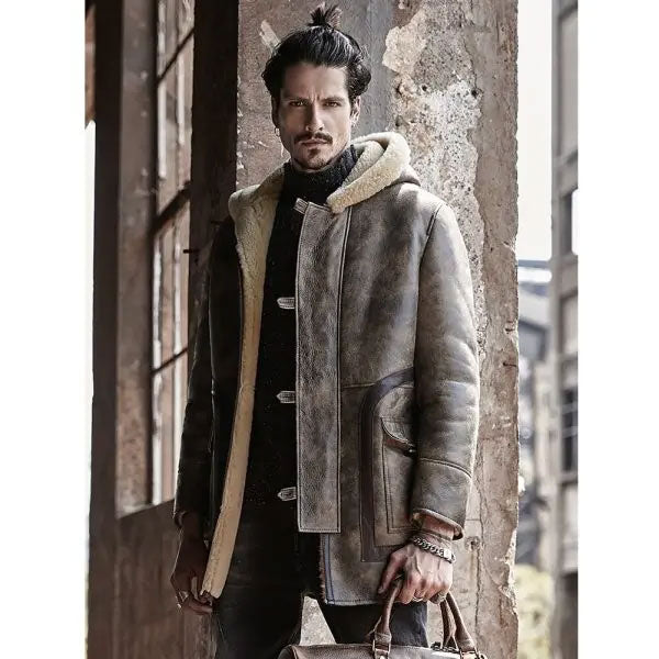Chaqueta larga de cuero de piel de oveja para hombre | Abrigo con capucha y piel | Prenda de cuero plena flor