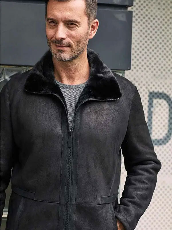 Men’s Black Shearling Fur Jacket | Mink Lapel Leather Overcoat | Full Grain Apparel