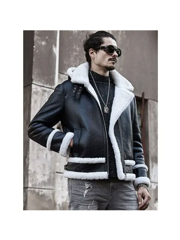 Bomber con capucha para hombre | Abrigo corto de piel de oveja | Ropa de piel de grano completo
