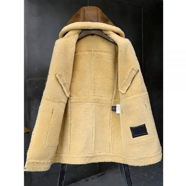 Abrigo de piel de oveja con capucha para hombre | Chaqueta larga de invierno con piel | Prenda de piel de plena flor
