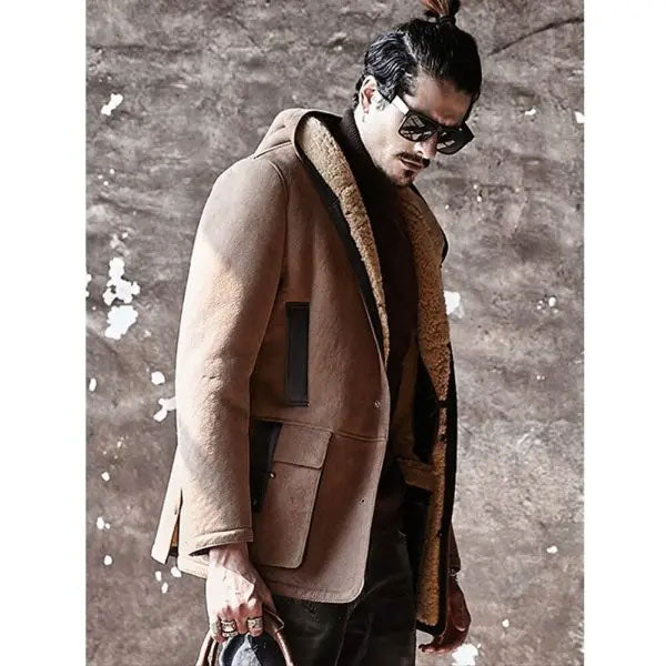 Chaqueta bomber de ante con capucha para hombre | Abrigo largo de borreguillo | Prendas de piel plena flor