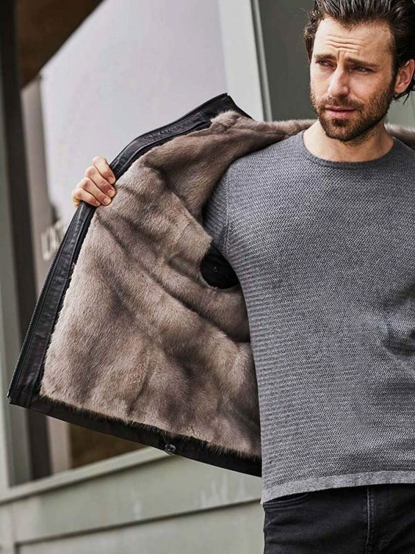 Abrigo largo de cuero negro con capucha para hombre | Ropa de abrigo de invierno forrada de piel | Prenda de cuero de plena flor