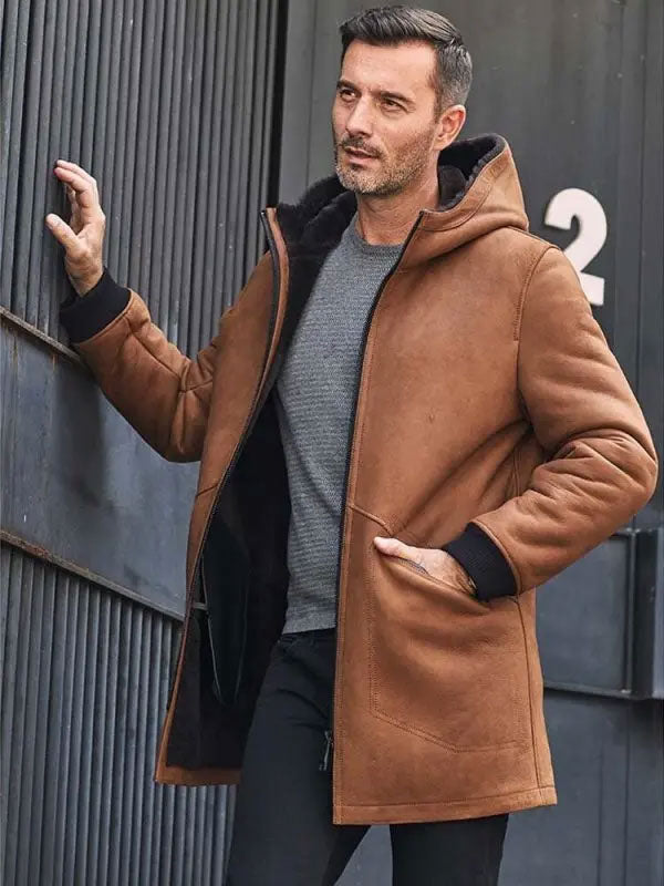 Men’s Brown Sheepskin Shearling Jacket | Hooded Winter Overcoat | Full Grain Apparel