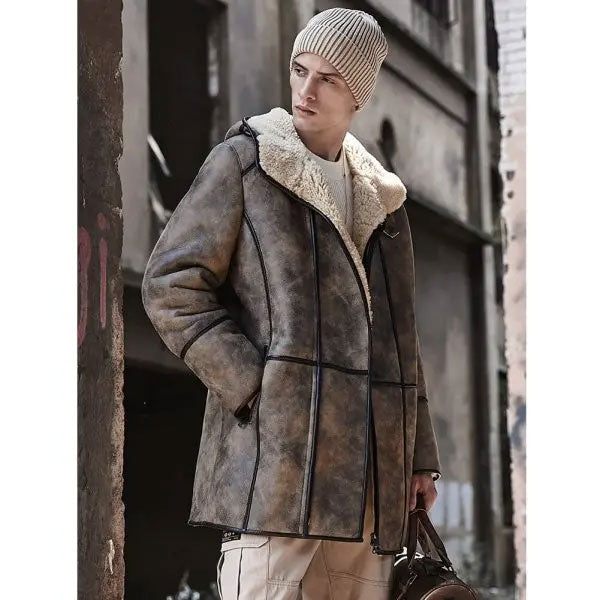 Chaqueta bómber con capucha de borreguillo para hombre | Abrigo largo de cuero tipo gabardina | Prendas de piel plena flor