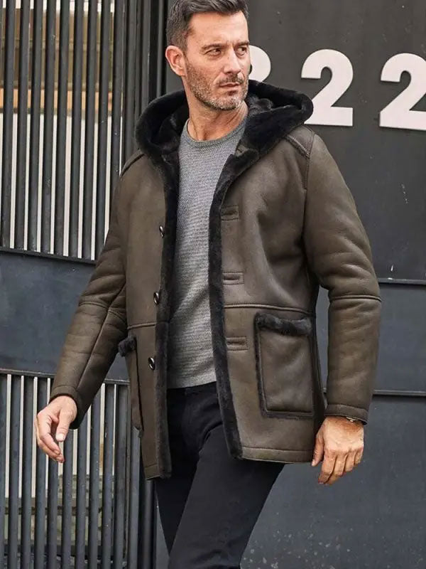 Men’s Green Leather Overcoat with Fur Hooded Wool Parka | Full Grain Apparel