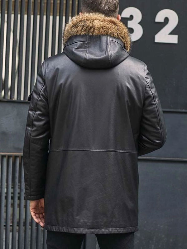 Abrigo largo de piel de visón para hombre | Abrigo de invierno de cuero negro | Prenda de grano completo