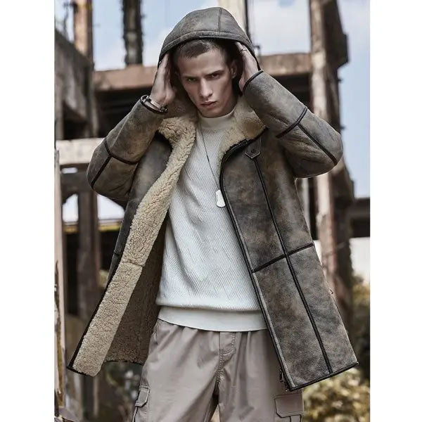 Chaqueta bómber con capucha de borreguillo para hombre | Abrigo largo de cuero tipo gabardina | Prendas de piel plena flor
