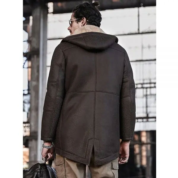 Men’s Hooded Shearling Trench Coat | Long Leather Outwear | Full Grain Apparel