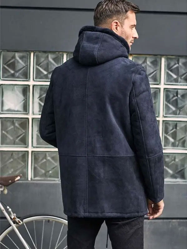 Men’s Long Sheepskin Leather Jacket | Hooded Wool Overcoat | Full Grain Apparel