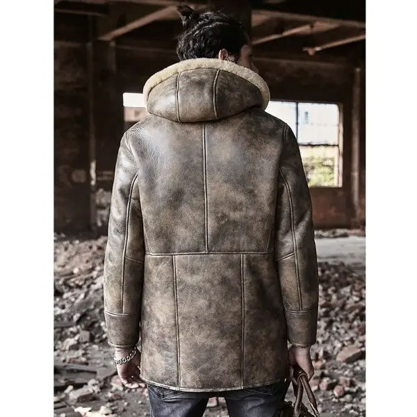 Chaqueta larga de cuero de piel de oveja para hombre | Abrigo con capucha y piel | Prenda de cuero plena flor
