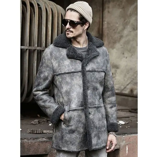 Chaqueta bomber de cuero de caza para hombre | Abrigo tipo trench de piel de oveja | Ropa de grano completo