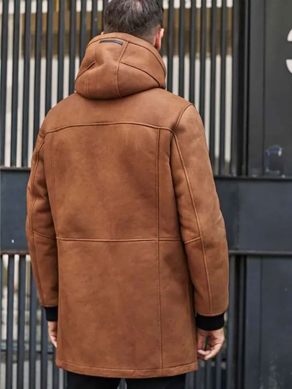 Men’s Brown Sheepskin Shearling Jacket | Hooded Winter Overcoat | Full Grain Apparel