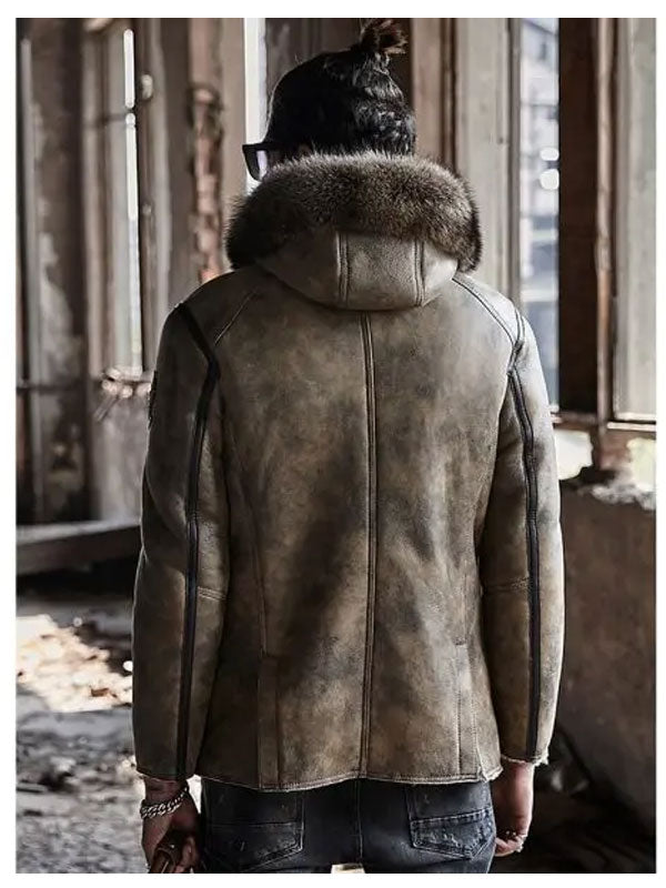 Men’s Hooded Shearling Collar Bomber | Leather Winter Jacket | Full Grain Apparel