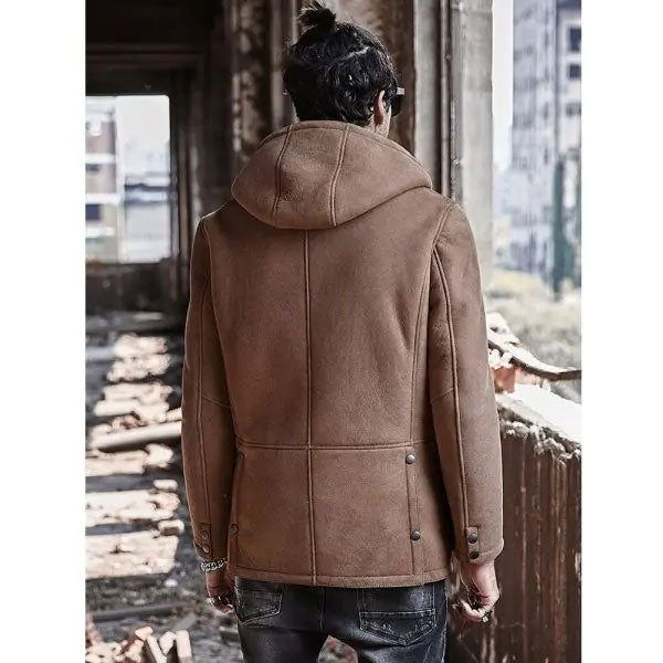 Chaqueta bomber de ante con capucha para hombre | Abrigo largo de borreguillo | Prendas de piel plena flor