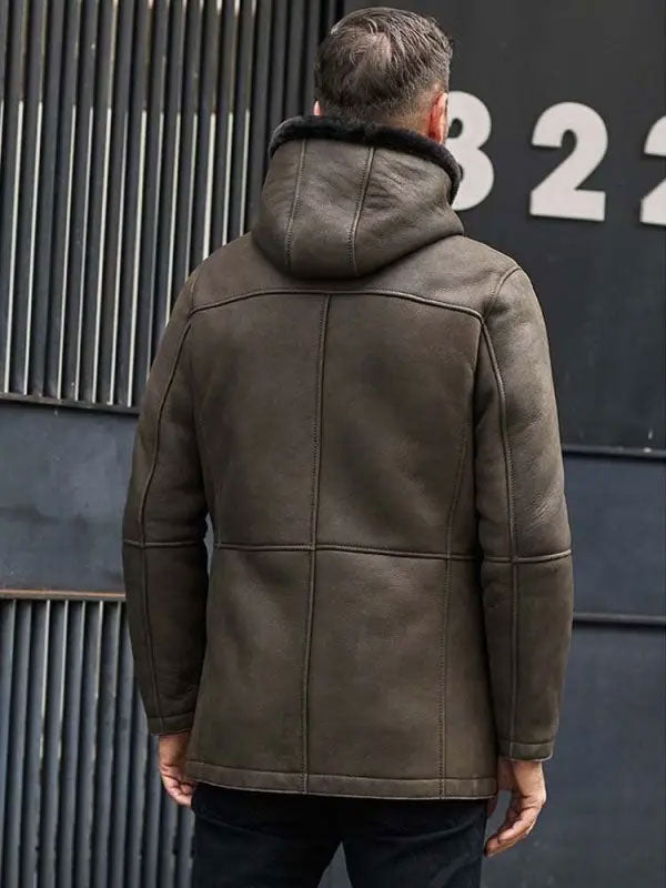 Men’s Green Leather Overcoat with Fur Hooded Wool Parka | Full Grain Apparel