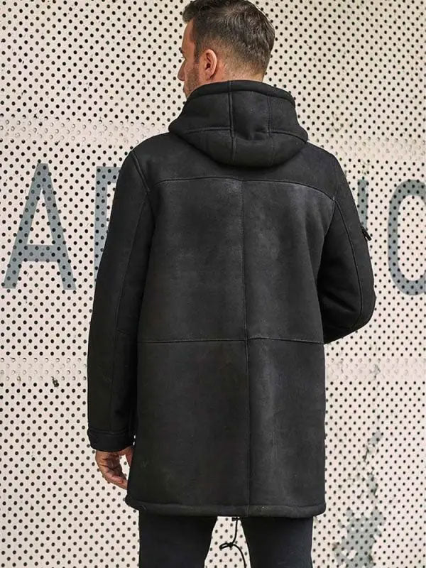Abrigo largo de cuero de piel de oveja negra para hombre | Prenda de invierno con piel | Ropa de piel plena flor