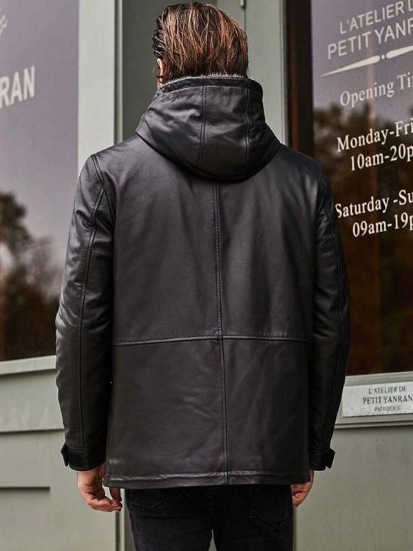 Abrigo largo de cuero negro con capucha para hombre | Ropa de abrigo de invierno forrada de piel | Prenda de cuero de plena flor