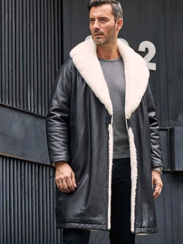 Men’s Black Shearling Fur Leather Long Trench Coat | Full Grain Apparel