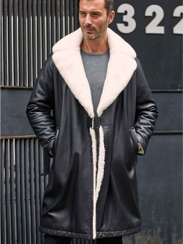 Men’s Black Shearling Fur Leather Long Trench Coat | Full Grain Apparel