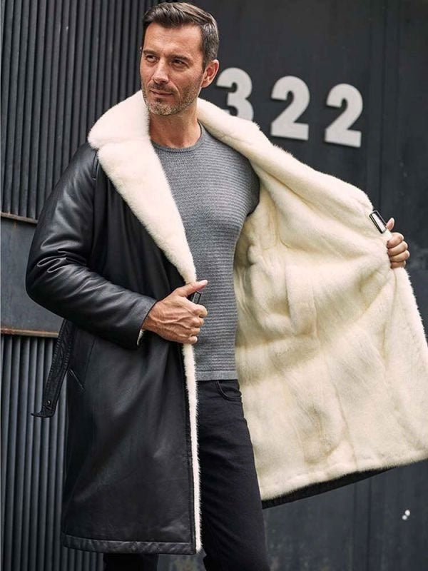Men’s Black Shearling Fur Leather Long Trench Coat | Full Grain Apparel