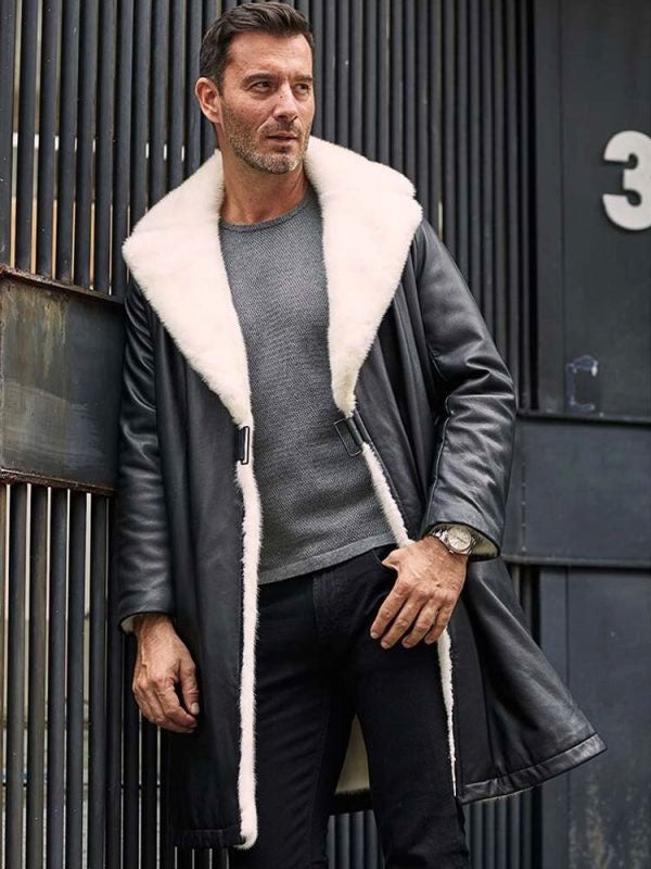 Men’s Black Shearling Fur Leather Long Trench Coat | Full Grain Apparel