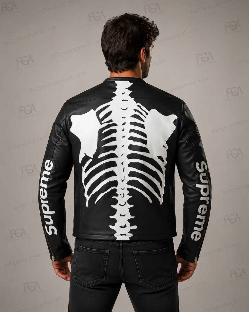 Black skeleton leather jacket back view with white rib cage and spine artwork