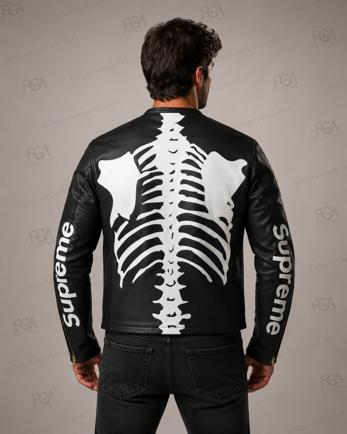 Black skeleton leather jacket back view with white rib cage and spine artwork